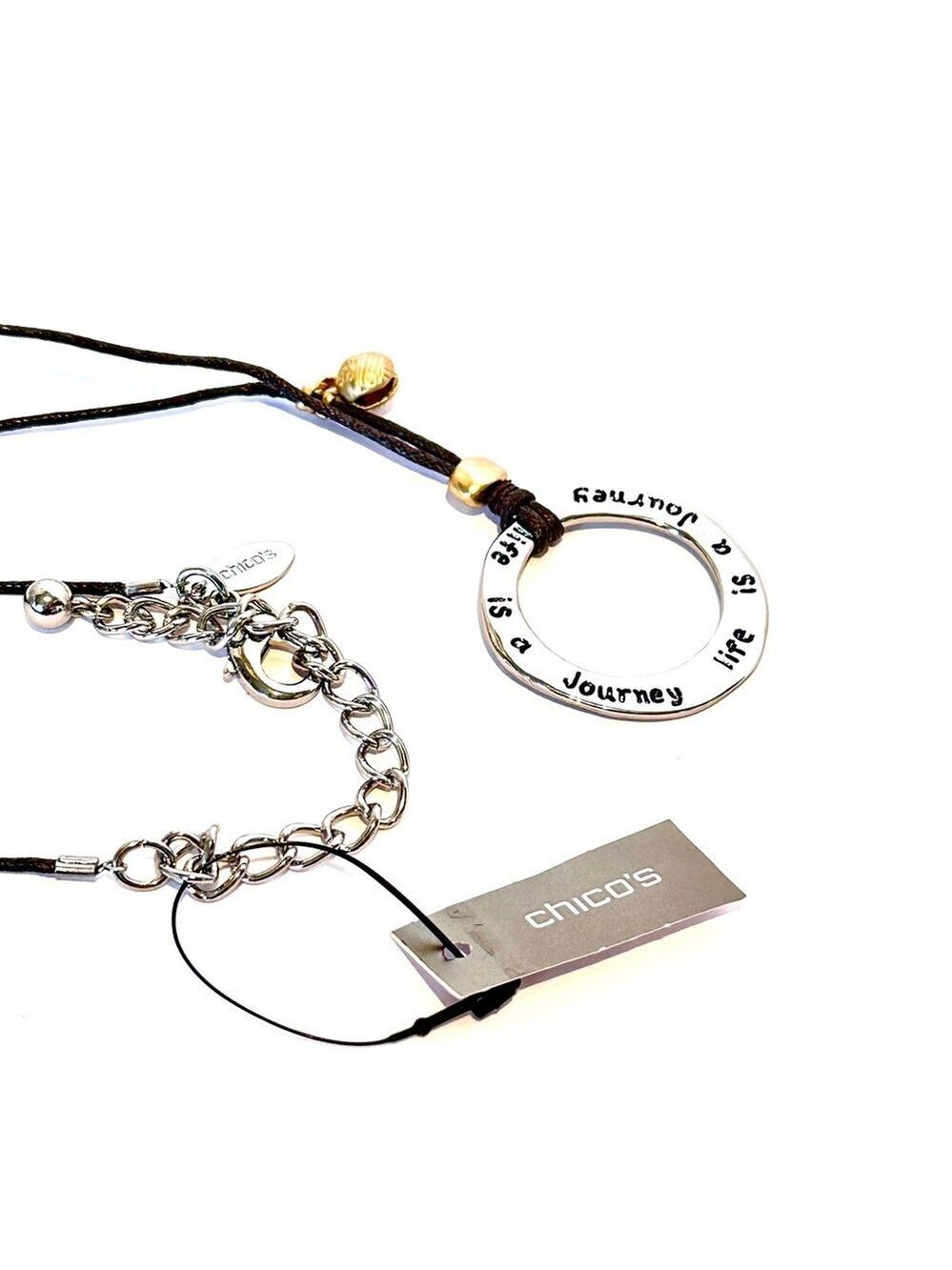 CHICO's Life is a Journey Engraved Circle Charm Necklace Black Cord